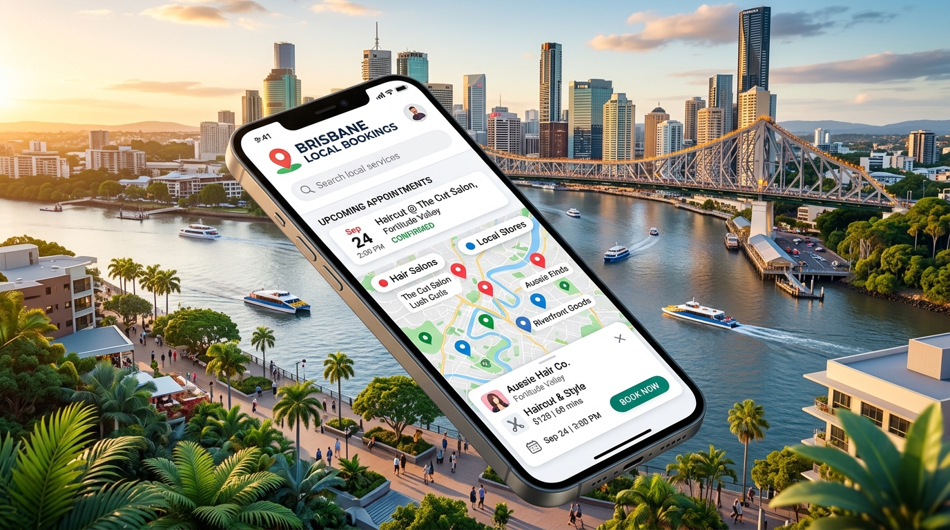Slotora booking app launch in Brisbane Queensland showcasing mobile app interface with Story Bridge and Brisbane River skyline