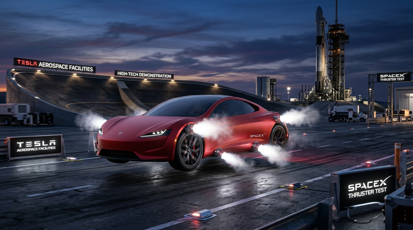 Tesla Roadster performing cold-gas thruster demonstration at SpaceX test facility